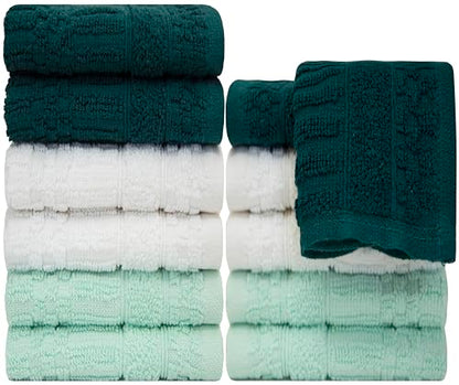 PH Pleasant Home Diamond Wash Cloths Set - 12 Pack (12” x 12”) – 509 GSM - 100% Ring Spun Cotton Wash Cloth - Super Soft and Highly Absorbent Face Towels (Green, White & Mint) - color: Green, White & Mint, style: Diamond