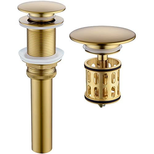JONKEAN Bathroom Pop Up Drain Without Overflow,Vanity Vessel Sink Drain with Detachable Strainer Basket,Pop Up Drain Stopper Hair Catcher, Built-in Anti-Clogging Strainer(Brushed Gold) | Built-in Anti-Clogging Strainer, Brass and 304 Stainless Steel for 1