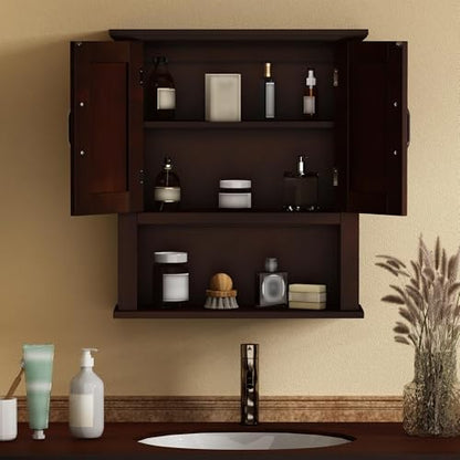 ChooChoo Wood Bathroom Wall Cabinet with Door, Dark Cherry Medicine Cabinet | Rustic Over The Toilet Storage Cabinet, Adjustable Shelf, Open & Concealed Storage, 7.5 x 21.6 x 24 Inches - color: Dark Cherry