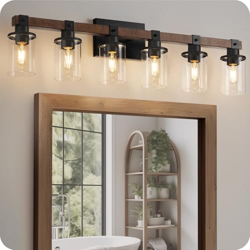 6-Light Bathroom Light Fixture, Vanity Lights for Bathroom with Glass Shade, Rustic Bathroom Light Fixtures, E26 Base F12BD05 - size: 6-Light