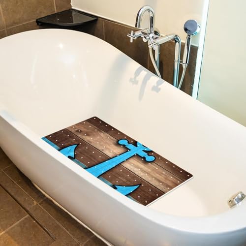 Non Slip Bathtub and Shower Mat 26.8x15.1 inch, Bath Mat with Quick Dry Drain Holes and Suction Cups, Soft Comfortable Safe Bathroom Mat for Bath Tub, Anchor on Planks Rustic - color: Multi 3