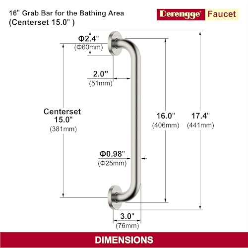16 Inch Grab Bar 304 Stainless Steel Anti-Slip Bathroom Safety Handrail Wall Mount Assist Grip for Elderly Handicap Bathtub Shower Toilet,GB-4023-BN,Brushed Nickel - color: Brushed Nickel