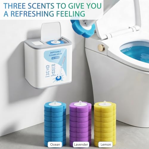 2026 Disposable Toilet Brush and Holder Set, Disposable Toilet Bowl Cleaning System with Aromatherapy Refills, Cleaning Wand with Storage Case & Scented Tabs (Ocean, Lemon & Lavender)