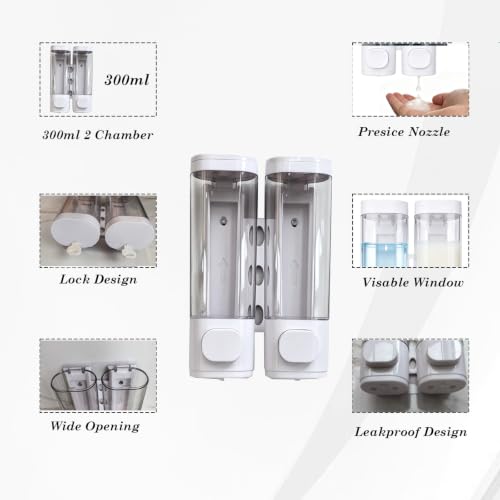 2-Chamber 10oz/300ML White Plastic Hand Wall Mounted Soap Dispensers | Refillable Shampoo Conditioner Shower Dispenser No Drill, Clear Manual Pump Dispenser for Bathroom Hotel Kitchen - color: 2-chamber White