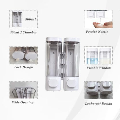 2-Chamber 10oz/300ML White Plastic Hand Wall Mounted Soap Dispensers | Refillable Shampoo Conditioner Shower Dispenser No Drill, Clear Manual Pump Dispenser for Bathroom Hotel Kitchen - color: 2-chamber White