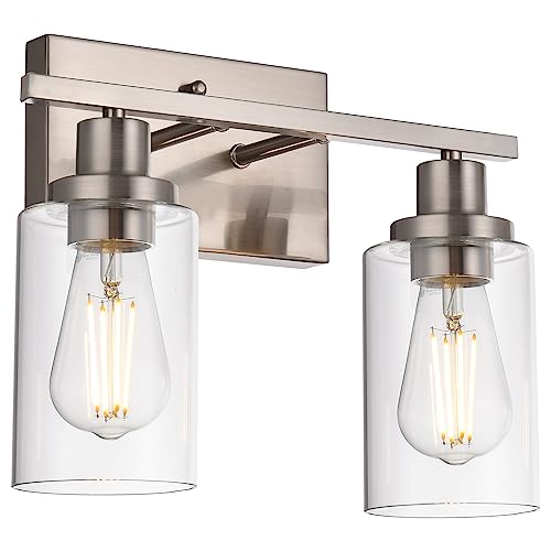 MELUCEE 2 Heads Bathroom Light Fixtures Brushed Nickel | Metal Wall Lights with Clear Glass Shade Modern Vanity Lights Sconces for Hallway Bedroom Kitchen (Patent No.: US D963914 S) - color: Brushed Nickel, size: 2-Light