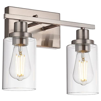 MELUCEE 2 Heads Bathroom Light Fixtures Brushed Nickel | Metal Wall Lights with Clear Glass Shade Modern Vanity Lights Sconces for Hallway Bedroom Kitchen (Patent No.: US D963914 S) - color: Brushed Nickel, size: 2-Light
