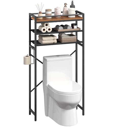 MAHANCRIS Over Toilet Storage, 3-Tier Bathroom Organizer Shelf with Toilet Paper Holder, Freestanding Space Saver Bathroom Shelves Above Toilet for Bathroom, Laundry Room, Rustic Brown TSHR1201 - color: Rustic Brown