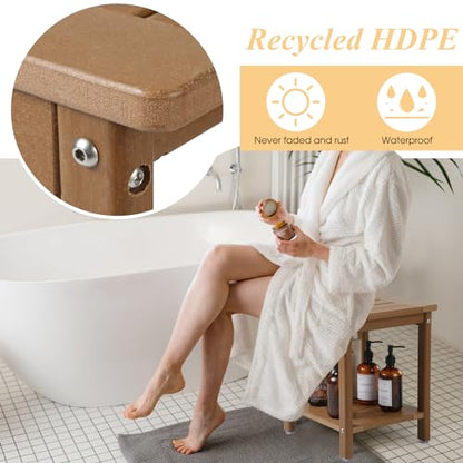 Apolimi Shower Chair, HDPE Shower Bench for Inside Shower to Sit On It, Shower Stool with Storage Shelf 2-Tier Spa Stool for Elderly,Water Resistant & Non-Slip Design Shower Seat Bench (Teak S Size)