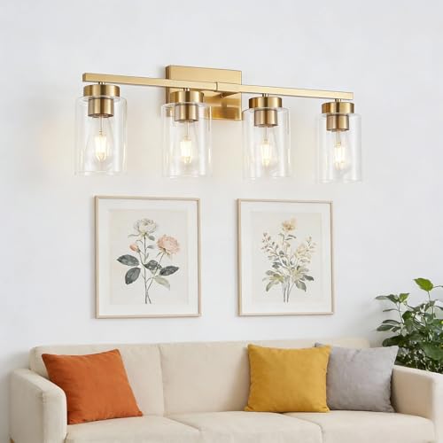 4-Light Bathroom Light Fixtures, Gold Modern Vanity Lights Over Mirror, Bathroom Wall Sconces with Clear Glass Shade for Living Room Bedroom Hallway Cabinet Porch - color: Gold