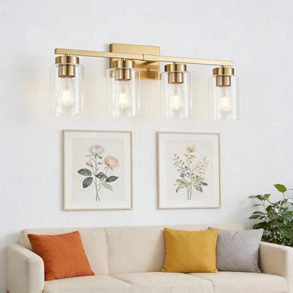 4-Light Bathroom Light Fixtures, Gold Modern Vanity Lights Over Mirror, Bathroom Wall Sconces with Clear Glass Shade for Living Room Bedroom Hallway Cabinet Porch - color: Gold