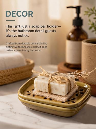 Miamolo 2 Layer Soap Dishes for Shower with Drainage, Keep Soap Bars Dry | Ceramic Bar Soap Holder Saver, Self Draining Top, Removable Drip Tray Non-Slip, Bathroom Kitchen Sink Dishwasher Safe, Yellow - color: Yellow