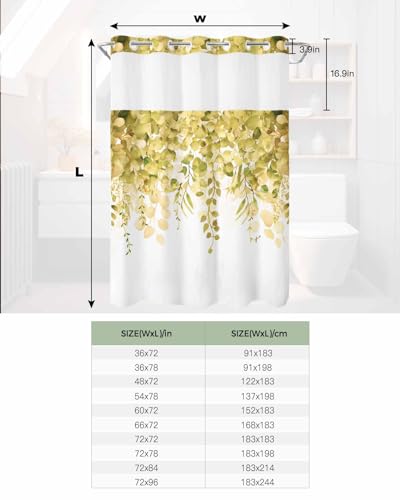 No Hook Shower Curtain and Snap in Liner Set, Yellow Eucalyptus Fabric Bathroom Stall Shower Curtains 48x72, See Through Mesh Top Window, Spring Summer Botanical Floral Leaves Country Hotel Style - color: Yellow, size: 48"W x 72"L (Pack of 1)