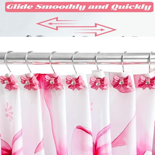 12PCS Decorative Shower Curtain Hooks with Shining Diamond,Rust Resistant Pink Bow Knot Hangers,Cute Shower Curtain Rings Hooks for Home Bathroom Decor Supplies