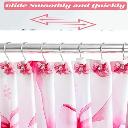 12PCS Decorative Shower Curtain Hooks with Shining Diamond,Rust Resistant Pink Bow Knot Hangers,Cute Shower Curtain Rings Hooks for Home Bathroom Decor Supplies