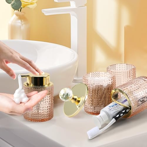 DASITON Bathroom Accessories Set,4Pcs Glass Bathroom Counter Set with Foaming Soap Dispenser,Toothbrush Holder,Bathroom Tumbler,Cotton Swab Jars, for Vanity Bathroom Decor (Pink) D1102 - style: Pink