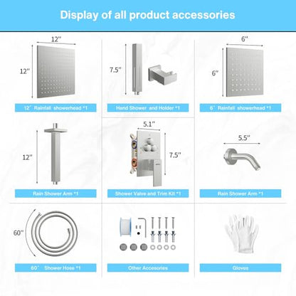 VANFOXLE Rain Shower System Brushed Nickel Shower Faucet Set, High Pressure | Push Button Diverter, 12 Inch Ceiling Mount Rain Head Increased Thick, 6 Inch Side Head, 2-in-1 Handheld Sprayer - color: Brushed Nickel, style: 12"+6" Head