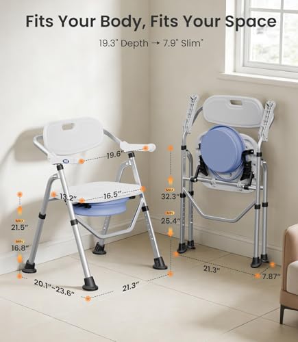 VOCIC Folding Shower Chair for Inside Shower, Lab-Tested 300lbs Heavy Duty Shower Seat for Elderly & Disabled, Flip-Up Arms, Cutout Seat, Height Adjustable Back & Legs, Portable Shower Commode Chair