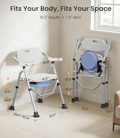 VOCIC Folding Shower Chair for Inside Shower, Lab-Tested 300lbs Heavy Duty Shower Seat for Elderly & Disabled, Flip-Up Arms, Cutout Seat, Height Adjustable Back & Legs, Portable Shower Commode Chair