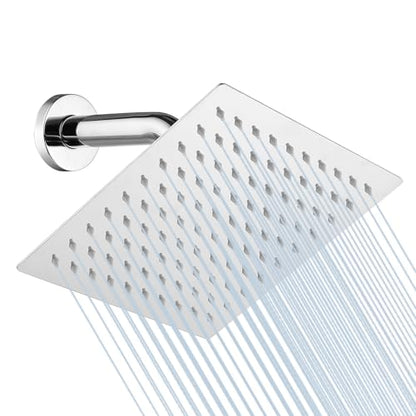 6 Inch Square Rain Shower Head, Renter Friendly High Pressure Fixed Showerhead, Stainless Steel Spa-Like Rainfall Shower Head with Self-Cleaning Nozzles, Wall Mount Chrome Finish - color: Chrome, size: 6 Inch