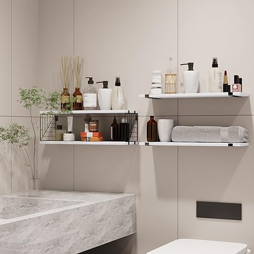 Fixwal 3+1 Tier Bathroom Floating Shelves Over Toilet, White | White Wood Shelf Set with Toilet Paper Storage Basket, Natural Finish, 40Lb Weight Limit, Quick Mount, Versatile - color: White