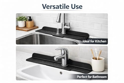Silicone Sink Splash Guard for Faucet, 2 Pack, 37 x 14 cm, Compact Size for Small Sinks” Water Catcher Mat, Anti-Slip, Quick Dry Kitchen Sink Protector (Black)
