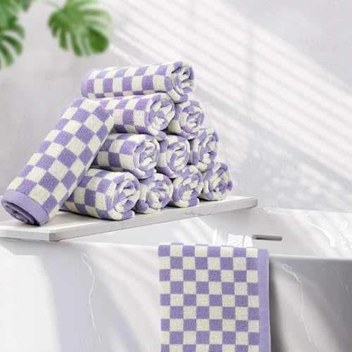 Jacquotha Cotton Washcloth 12 Pack (Lilac Checkered) | Soft Absorbent Washcloths Facecloth, Cotton Face Towels Set for Body Showering 13x13 Inches - color: Lilac