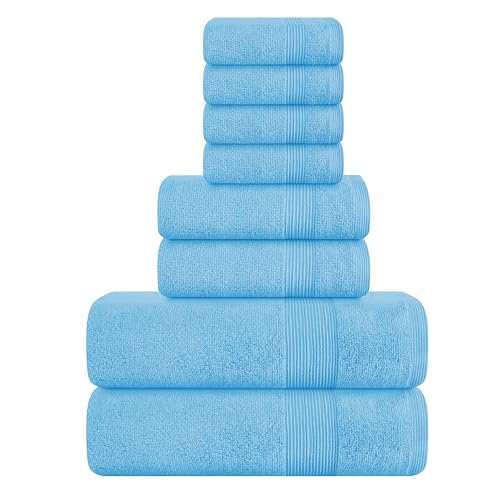 8 Piece Towel Set 100% Ring Spun Cotton, 2 Bath Towels 27x54, 2 Hand Towels 16x28 and 4 Washcloths 13x13 - Ultra Soft Highly Absorbent Machine Washable Hotel Spa Quality - Light Blue - color: Light Blue, size: 8 Piece Towel Set