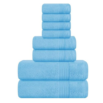 8 Piece Towel Set 100% Ring Spun Cotton, 2 Bath Towels 27x54, 2 Hand Towels 16x28 and 4 Washcloths 13x13 - Ultra Soft Highly Absorbent Machine Washable Hotel Spa Quality - Light Blue - color: Light Blue, size: 8 Piece Towel Set