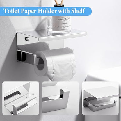 TURS Bathroom Hardware Set Chrome 4-Piece Towel Bar Set Include 24 Inch Towel Bar Towel Ring Towel Hook Toilet Paper Holder with Shelf Wall Mounted. - color: Chrome, size: Set C