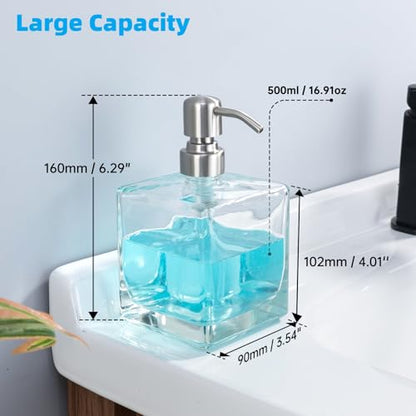 Square Bathroom Soap Dispenser Brushed Nickel, Large Capacity 16.9 oz Glass Bottles with Stainless Steel Pump Retangle Cube Liquid Soap Dispenser Kitchen - color: Brushed Nickel-16.9 Oz