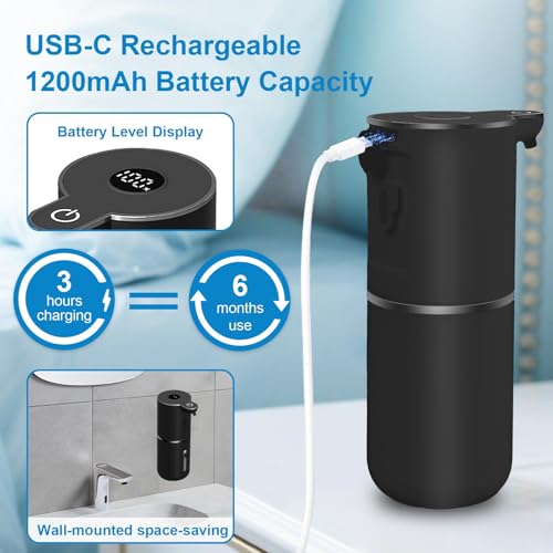OHIFAST Automatic Foaming Soap Dispenser Touchless, USB Rechargeable Smart Hand Soap Dispenser, 6-Level Adjustable, 12.8oz/380mL, Compatible with Thick Thin Dish Soap for Bathroom Kitchen-Black - color: Black, style: Foam