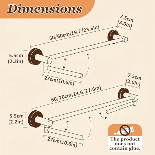 Bathroom Towel Bars, 23-Inch Rustproof SUS304 Stainless Steel Towel Racks, 2-Arm 180° Rotating Wall-Mount Drying Bar for Bathroom & Kitchen, Space-Saving(1 BAR,50cm/19.7in) - color: 1 Bar, size: 50cm/19.7in