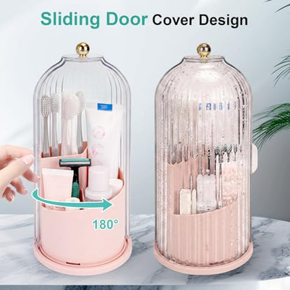 QIYVLOS Toothbrush Holders with Sliding Lid, Rotating 3 Slots Bathroom Organizer Countertop, Tooth Brush Toothpaste Holder Bathroom Counter Stand Sink Organizer Caddy for Makeup Brushes Holder (Pink) - color: Pink+transparent