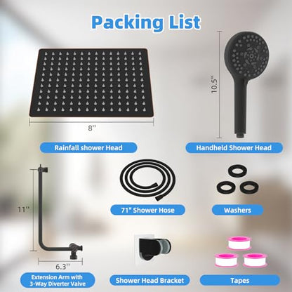 8" Metal Rainfall Shower Head with 10-Mode Handheld, Oil Rubbed Bronze | NSF/ANSI/CAN 372 Certified, High Pressure Showerhead Combo with 11" Adjustable Shower Arm, 71" Hose, Shower Head Holder - color: Oil Rubbed Bronze, style: Square 8"