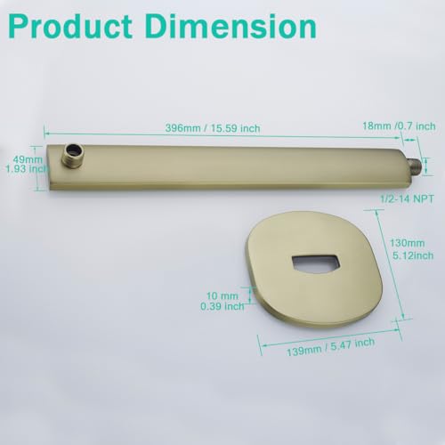 16 Inch Shower Arm with Flange,Stainless Steel Extension Extender Pipe for Fixed Rain Shower Head,Brushed Gold Extra Long High Rise Shower Head Extension Arm,SE-91119-16BG - color: Brushed Gold(91119)
