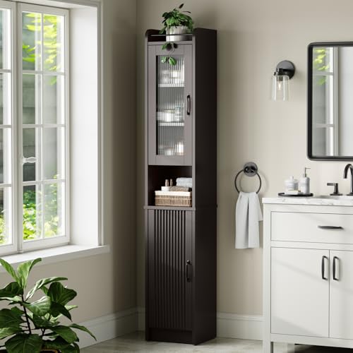 71'' Tall Bathroom Cabinet, Narrow Slim Storage Cabinet, Freestanding Fluted Floor Linen Tower for Small Space Bathroom Oragnizer for Living Room Kitchen (Espresso) - color: Espresso