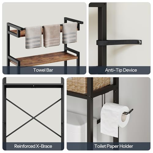 HOOBRO Over-The-Toilet Storage Rack, 3-Tier Bathroom Shelves Above Toilet, Bathroom Organizer with Toilet Paper Hook, Laundry Room, Space Saver, Rustic Brown and Black BF21TS01