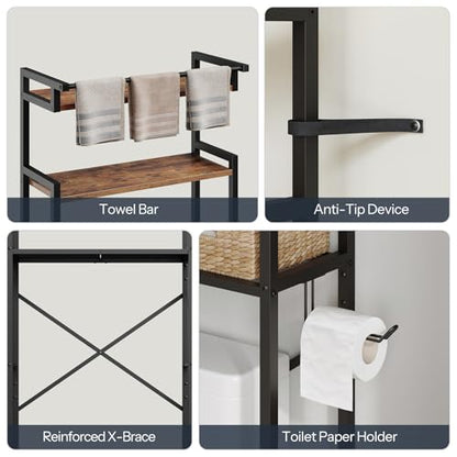 HOOBRO Over-The-Toilet Storage Rack, 3-Tier Bathroom Shelves Above Toilet, Bathroom Organizer with Toilet Paper Hook, Laundry Room, Space Saver, Rustic Brown and Black BF21TS01