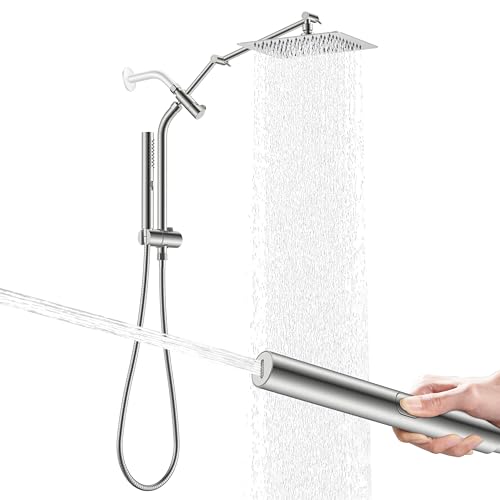 Brushed Nickel 10 Inch All Metal Rain Shower Head with Handheld Spray | High Pressure Rainfall Shower Head wih Adjustable Extension Arm, Dual Showerhead Set with 60" Shower Hose, Square Rainfall - color: Brushed Nickel
