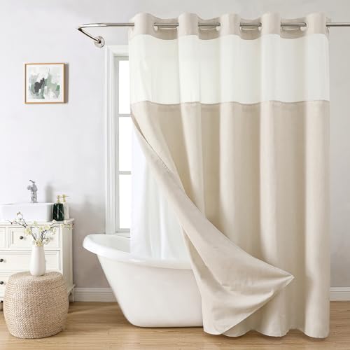 eachope Extra Long No Hooks Needed Linen Textured Shower Curtain with Snap-in Fabric Liner Set,Cream Hotel Luxury Decor Shower Curtains for Bathroom,Waterproof & Washable,71Wx86H | Extra Long,230GSM Thick Fabric,Hotel Luxury Decor,Mesh Top Window,Bottom M