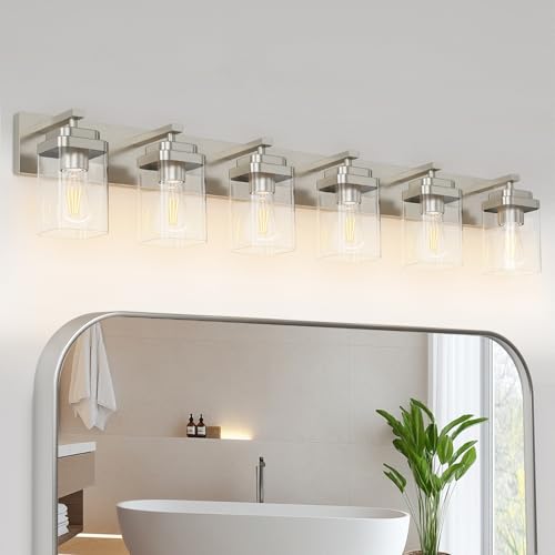 Brushed Nickel Bathroom Light Fixtures, 6 Lights Bathroom Lighting Fixtures Over Mirror, Square Design & Rectangle Large Backplate, Modern Vanity Lighting Fixtures, for Living Room/Bedroom - color: Brushed Nickel, size: 46-inch, 6-Light