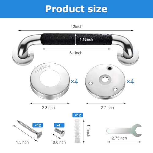 12 Inch Grab Bars for Bathtubs and Showers, Wall Mounted, Stainless Steel Bathroom Safety Grab Bar with Black Grip for Elderly, Handicap, Waterproof & Slip-Proof - color: black-12”-1pack