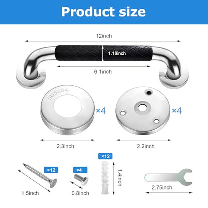 12 Inch Grab Bars for Bathtubs and Showers, Wall Mounted, Stainless Steel Bathroom Safety Grab Bar with Black Grip for Elderly, Handicap, Waterproof & Slip-Proof - color: black-12”-1pack