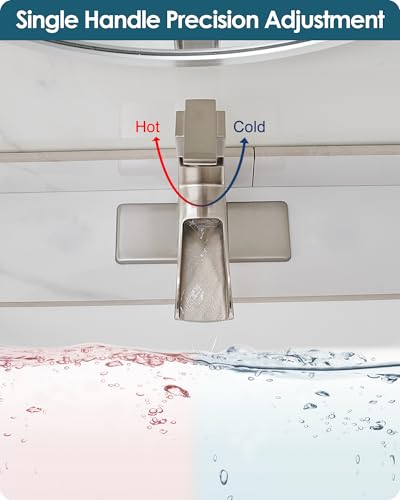 Single Hole Bathroom Faucet 3 Hole (4 Inch), Brass Waterfall Faucet Single Handle, Bathroom Faucets Brushed Nickel Bathroom Sink Faucet with Deck Plate & Pre-Install Hoses Without Pop-up Drain - color: Brushed Nickel - Classic