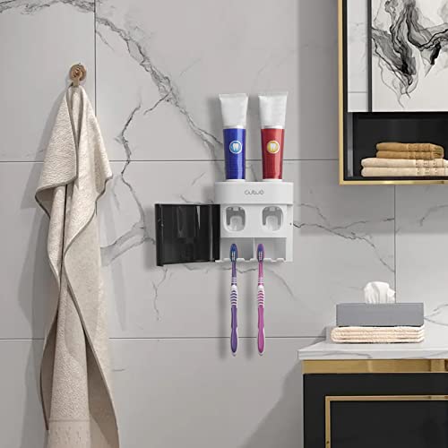 Linkidea Toothbrush Holder with 2 Toothpaste Squeezer, 4 Slot Plastic Brush Hanger for Shower Bathroom, Wall Mount Dispenser Compatible with Oral-B CrossAction, Colgate Extra Clean