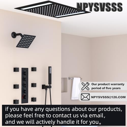 Black Thermostatic Shower System with 14x20 Inch Ceiling Mount LED Head & 6 Inch Wall Head and Handheld Shower 4 Function Vale with body jets, Matte Black - color: Matte Black, style: 14x20 led+6 jets
