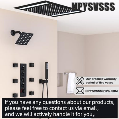 Black Thermostatic Shower System with 14x20 Inch Ceiling Mount LED Head & 6 Inch Wall Head and Handheld Shower 4 Function Vale with body jets, Matte Black - color: Matte Black, style: 14x20 led+6 jets