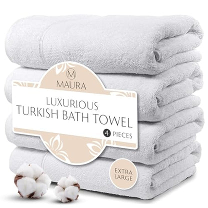 MAURA White Extra Large Turkish Cotton Luxury Bath Towels Set of 4. Ultra-Soft, Thick & Plush Towels for Bathroom - Pure White - color: White, size: Bath Towel (4-Pack)