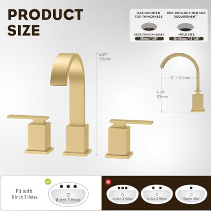 Brushed Gold Bathroom Faucet 8 Inch Widespread 3 Hole 2 Handle,Waterfall Swivel Spout Bathroom Sink Faucet with Pop Up Drain and Water Supply Line,WF011-BG - color: Brushed Gold-8 IN